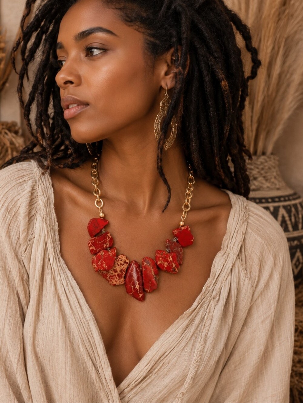 Chico’s Red Genuine Versciatite Statement Necklace Gold Tone 18"